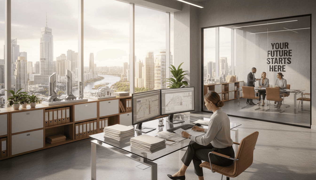 Real estate agent reviewing property listings at modern office desk with cityscape view through large windows