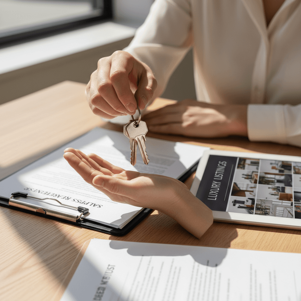 Close-up of agent's hands presenting house keys and property documents on wooden desk with natural light