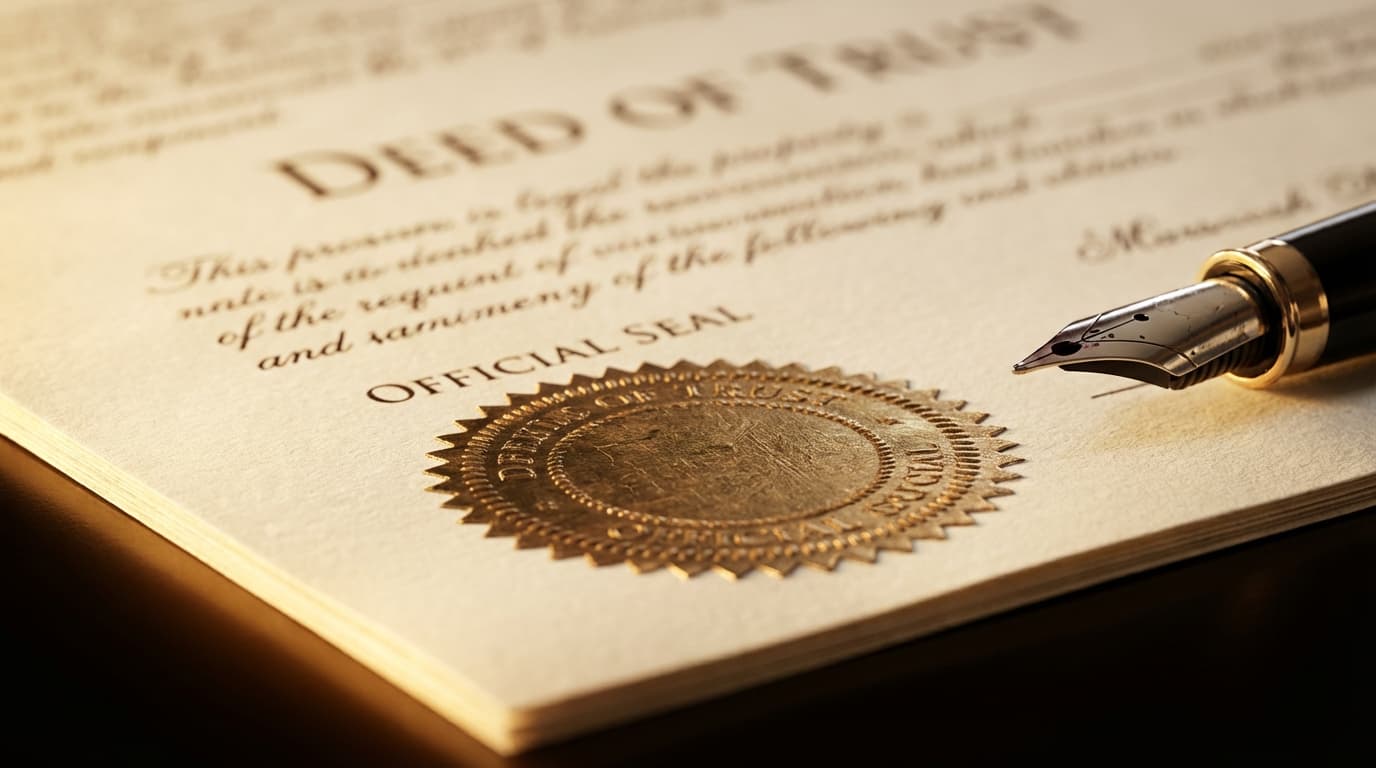 Macro close-up of embossed property deed seal with fountain pen and warm studio lighting