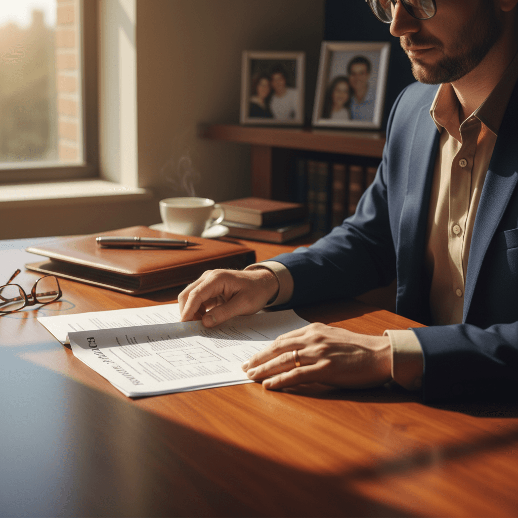 Attorney's hands carefully reviewing legal estate planning documents at wooden desk with natural light