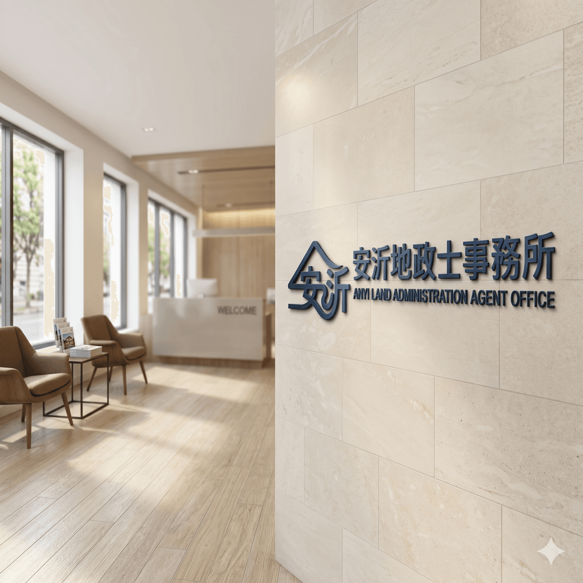 安沂地政士事務所大廳,石牆上有藍色標誌,背景是明亮的接待區與休息座椅。